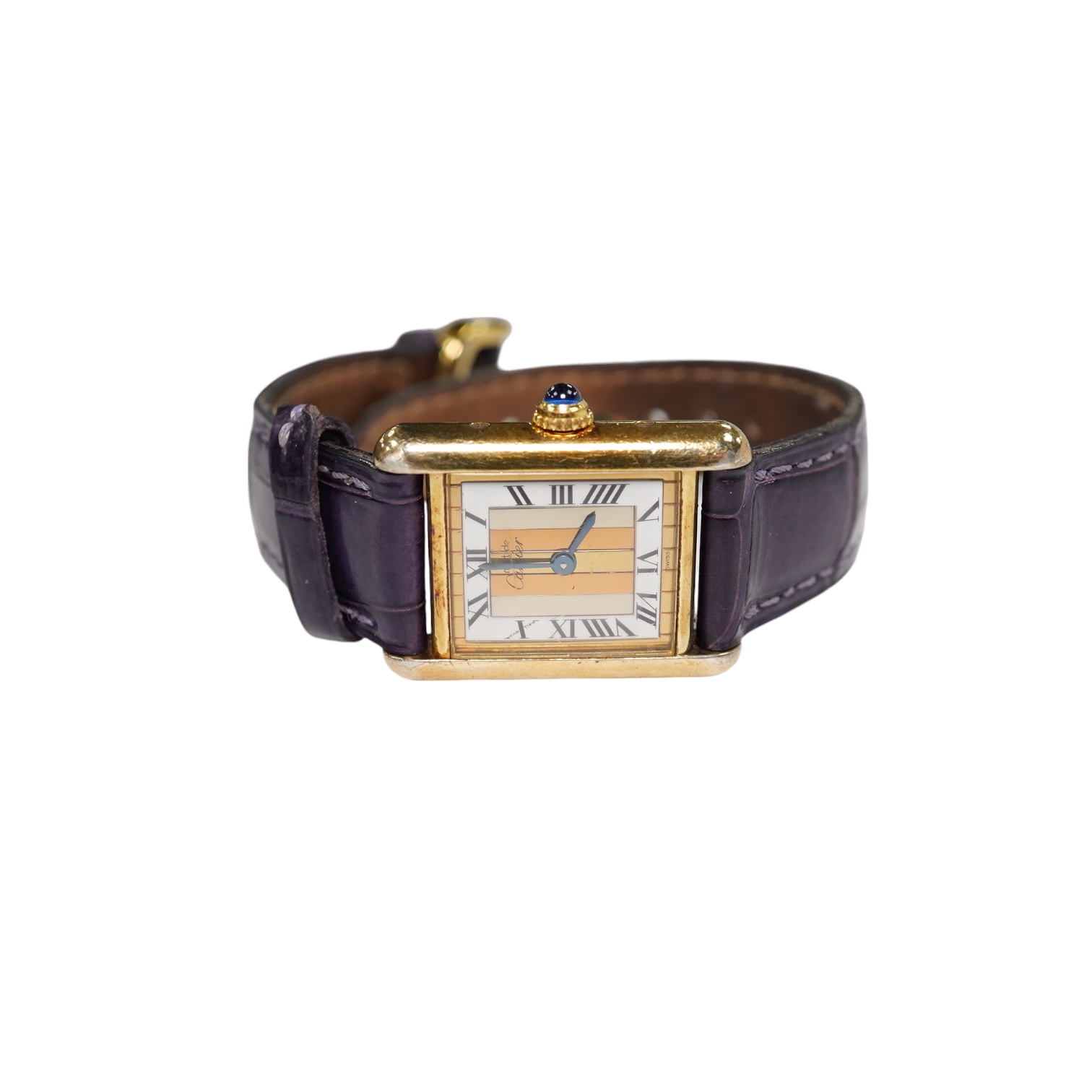 A lady's Cartier Vermeil Tank gilt 925 quartz wrist watch, with cabochon sapphire set crown and Cartier leather strap, cased diameter 20mm, no box or papers. Condition - poor to fair